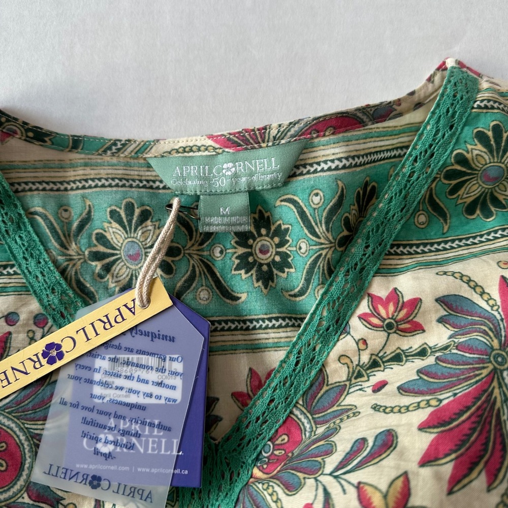 April Cornell Green Pink Floral Cotton Maxi Dress Crochet Trim Boho Womens M NWT - Picture 4 of 7